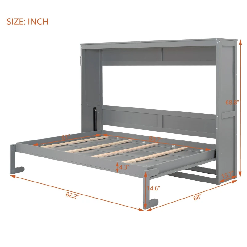 Queen Size Murphy Wall Bed with MDF & Plywood Construction, Fold-Away Cabinet Bed with Flexible Slat Support, 82'' L x 68'' W x 69'' H, Gray
