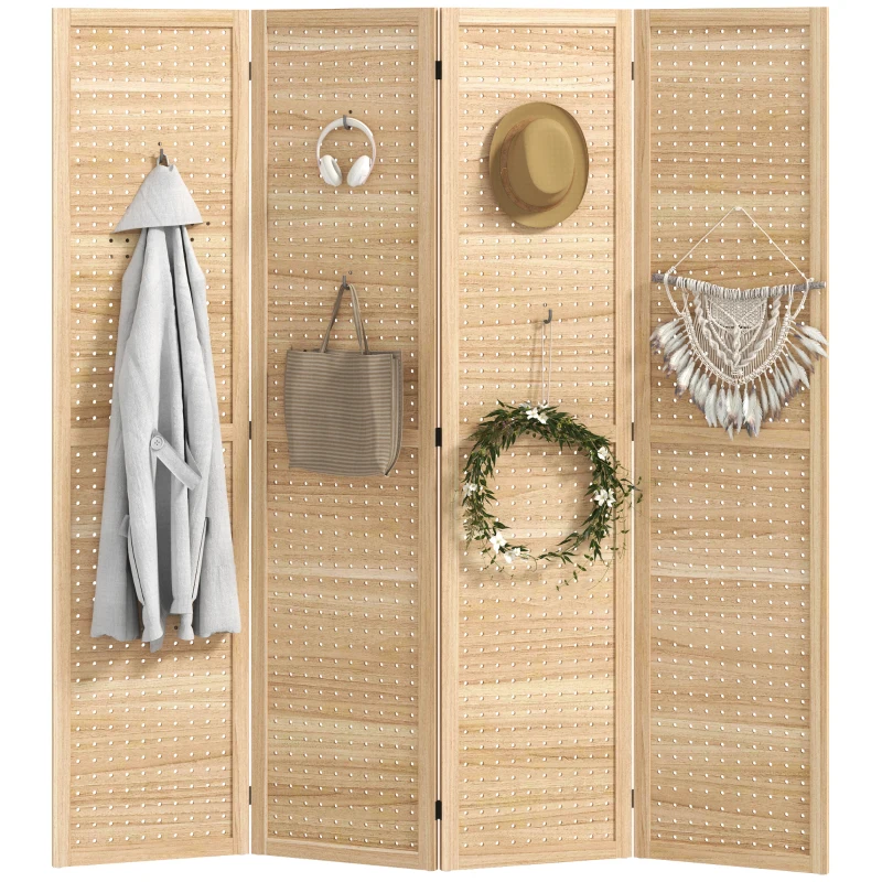 HOMCOM 4 Panel Room Divider w/ Hole Hooks Folding Privacy Screens, Natural
