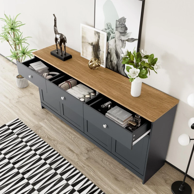 Modern Sideboard Buffet Cabinet with 3 Drawers & 4 Doors, Rustic Storage with Adjustable Shelves, 55'' L x 14.5'' W x 29.5'' H, Gray+Wood