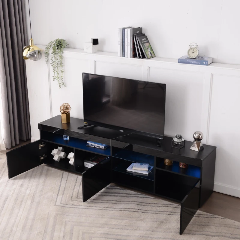 Modern TV Cabinet with LED Strip and Adjustable Colours, Stylish Media Console with Low-Profile Storage, 71'' L x 13.5'' W x 19'' H, Black