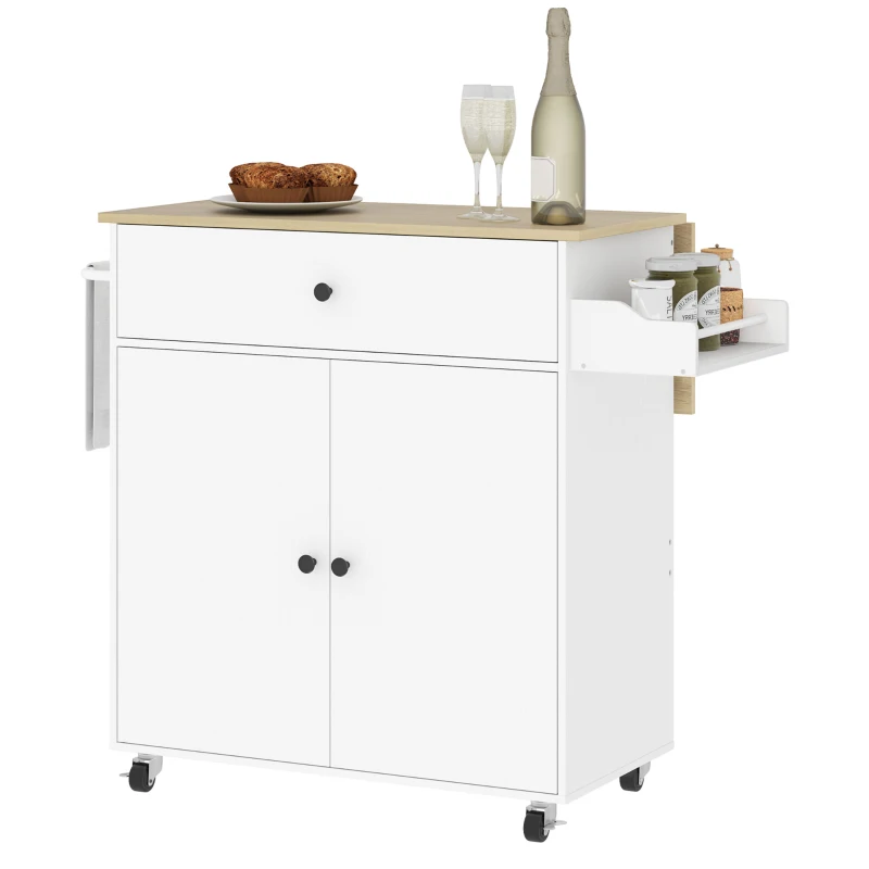 HOMCOM Rolling Kitchen Island with Drop Leaf, Kitchen Storage Cart with Drawer, Spice Rack and Towel Rack, White