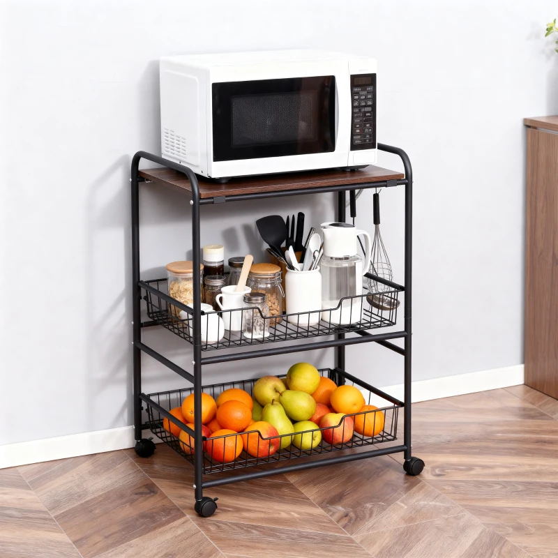 HOMCOM 3 Tier Rolling Kitchen Cart with Storage, Kitchen Island Cart on Wheels with 2 Sliding Fruit Basket, Microwave Cart with Side Hooks for Dining Room, Walnut