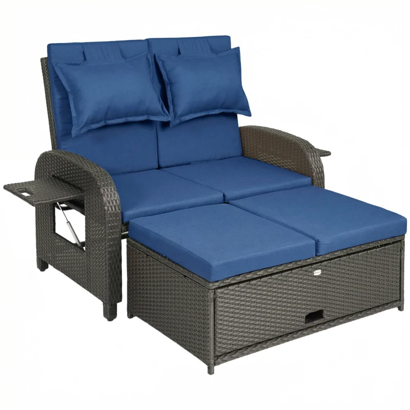 Outsunny Patio Rattan Daybed, Wicker Outdoor Daybed with Storage Ottoman, Loveseat w/ Adjustable Backrest, Side Tables, Navy Blue