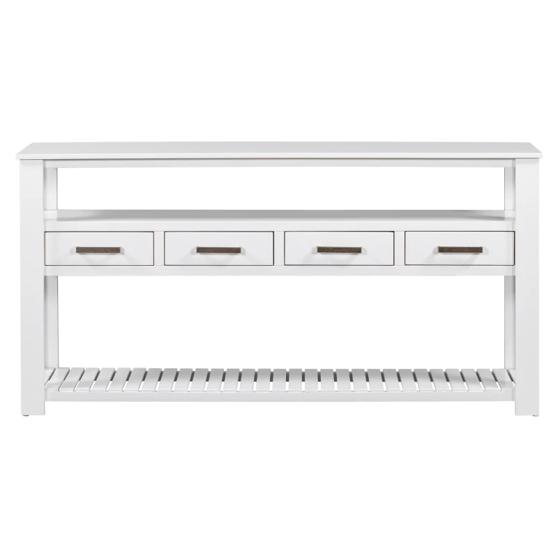 Large Entryway Console with 4 Drawers and 3-Tier Shelves, Sturdy Table with Metal Handlesand Adjustable Feet, 62'' L x 14'' W x 32'' H, White