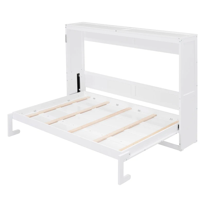 Full Size Murphy Wall Bed with Dual-Piston Folding Mechanism, Fold-Away Cabinet with Slatted Mattress, 77.5'' L x 61.5'' W x 62'' H, White