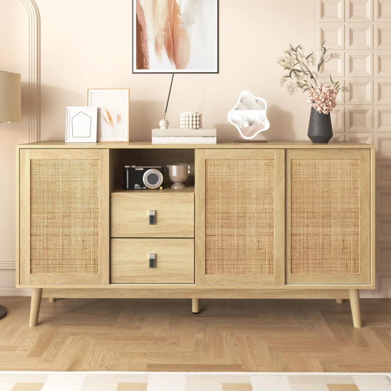 Versatile Sideboard with 3 Sliding Doors and 2 Drawers for Large Storage, Sturdy Cabinet with Solid Wood Legs, 61'' L x 14'' W x 31.5'' H, Wood