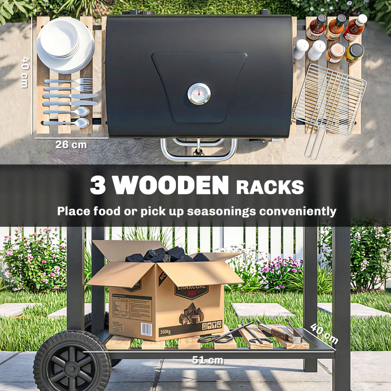 Outsunny 20" Charcoal BBQ Grill Barbecue on Wheels with Adjustable Charcoal Pan, Spacious Cooking Area, 3 Shelves, Thermometer