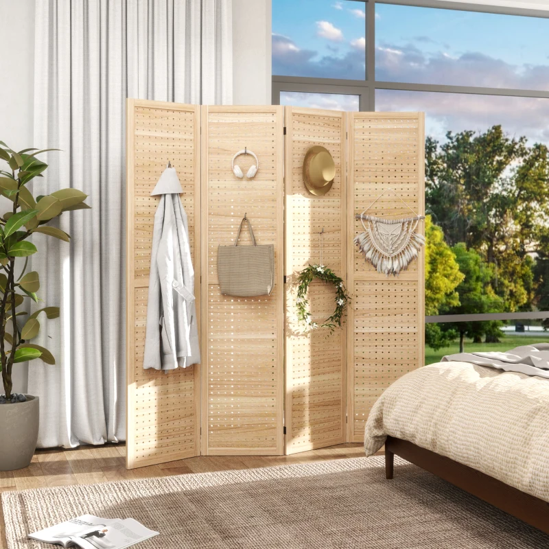HOMCOM 4 Panel Room Divider w/ Hole Hooks Folding Privacy Screens, Natural