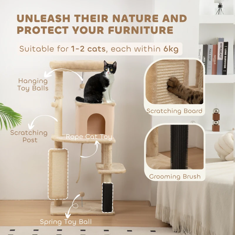PawHut 52 Inch Cat Tree with Scratching Posts, Cat Bed, Condo, Grooming Brush, Jumping Platforms, Toy Balls, Anti-tip Kit