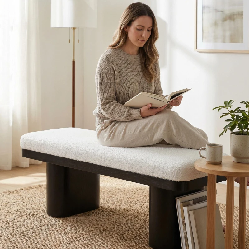 End-of-Bed Bench with Velvet Upholstery and High‑Density Foam Seat, Modern Ottoman with Rubberwood Legs, 47'' L x 17'' W x 17'' H, Black