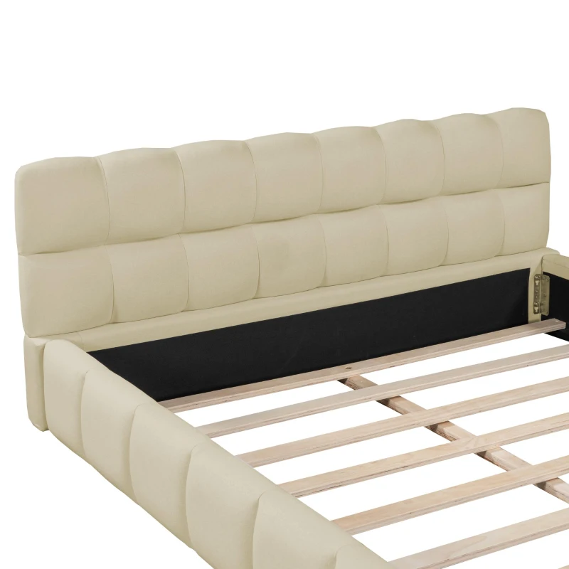 Queen Size Upholstered Bed with MDF & Particleboard Frame, Low-Profile Grounded Bed with Wooden Slats, 87.5'' L x 66.5'' W x 23.5'' H, Beige