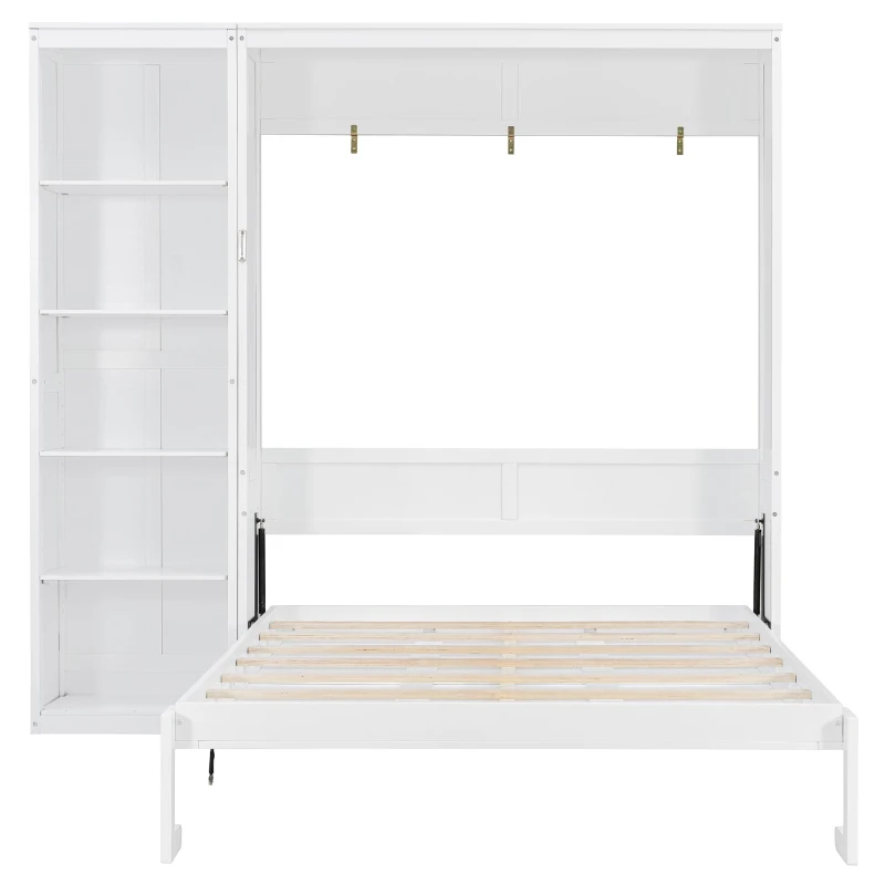 Queen Size Murphy Wall Bed with Reversible Shelf and Flexible Slat, Fold-Away Cabinet with 5-Tier Storage, 94'' L x 82'' W x 88.5'' H, White
