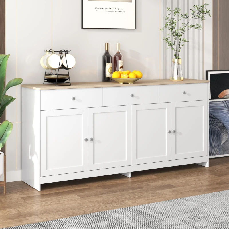 Modern Sideboard Buffet Cabinet with 3 Drawers and 4 Doors, Rustic Storage with Adjustable Shelves, 55'' L x 14.5'' W x 29.5'' H, White+Wood