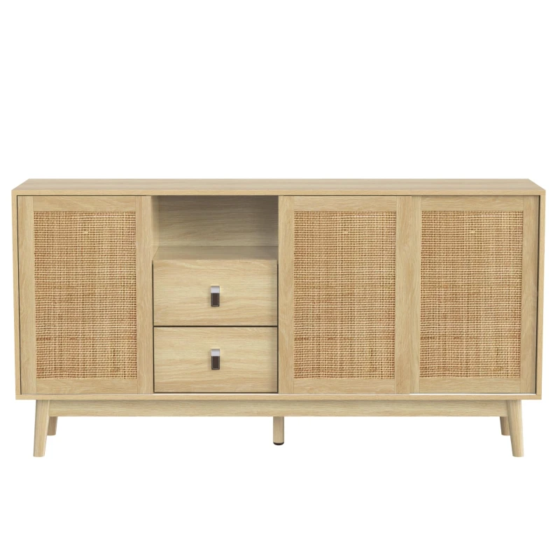 Versatile Sideboard with 3 Sliding Doors and 2 Drawers for Large Storage, Sturdy Cabinet with Solid Wood Legs, 61'' L x 14'' W x 31.5'' H, Wood