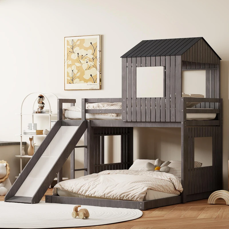 Wooden Twin-Over-Full Bunk Bed with Built-in 3-step Ladder and Guardrails, Playhouse Loft Bed with Slide, 82'' L x 89'' W x 82.5'' H, Antique Gray