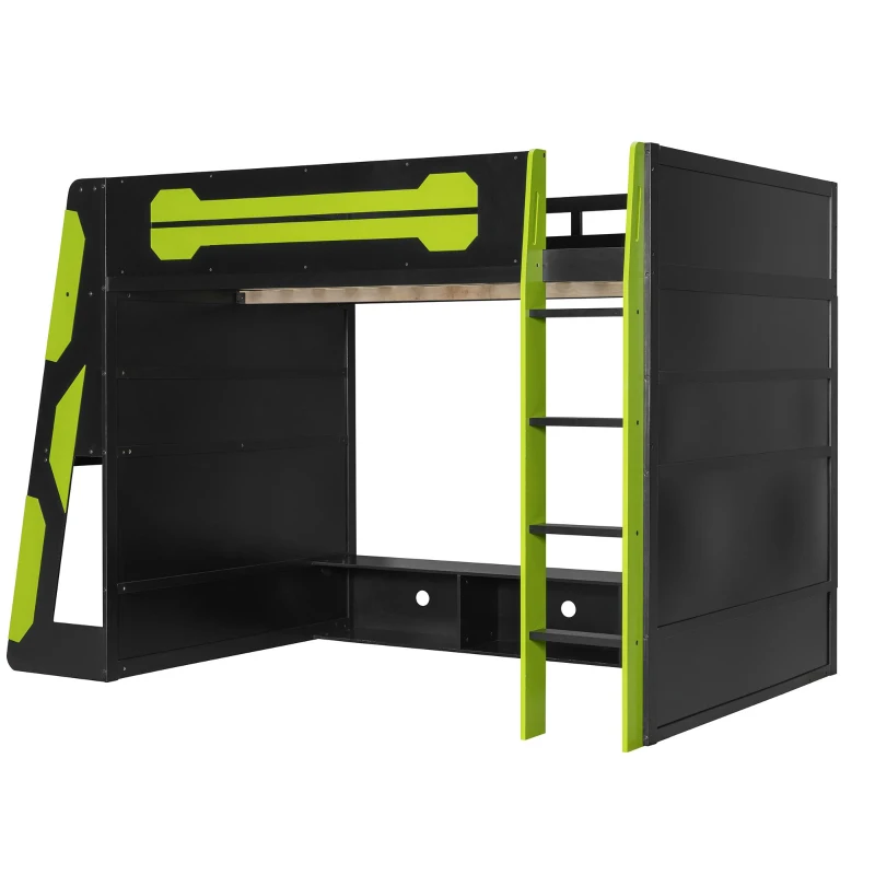 Full Size Wood Loft Bed with Under-Bed Console Storage, Esports-Style Bed Frame with Integrated Work Desk, 93.5'' L x 55.5'' W x 65'' H, Green