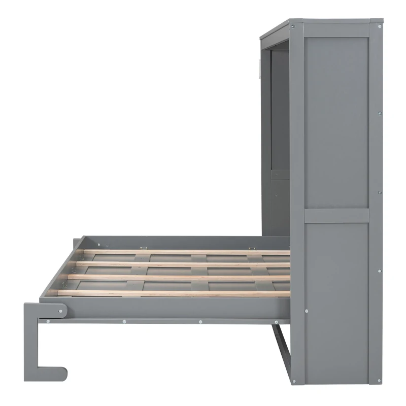 Full Size Murphy Wall Bed with Slatted Mattress Support, Space-Saving Cabinet Bed with Dual-Piston Lift, 77.5'' L x 61.5'' W x 62'' H, Gray