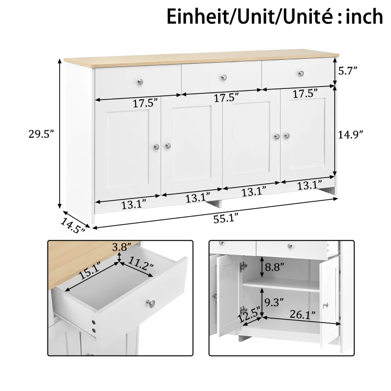 Modern Sideboard Buffet Cabinet with 3 Drawers and 4 Doors, Rustic Storage with Adjustable Shelves, 55'' L x 14.5'' W x 29.5'' H, White+Wood