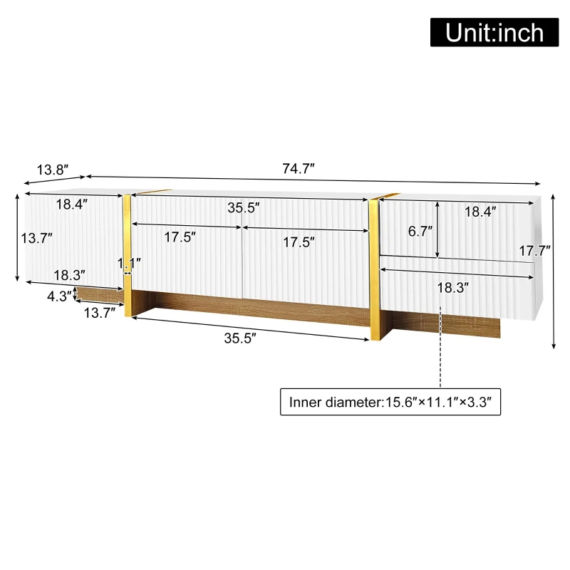 Elegant TV Cabinet with 3 Soft-Close Doors, 2 Drawers, Ample Storage, Modern TV Stand for Living Space, 74.5'' L x 14'' W x 17.5'' H, White