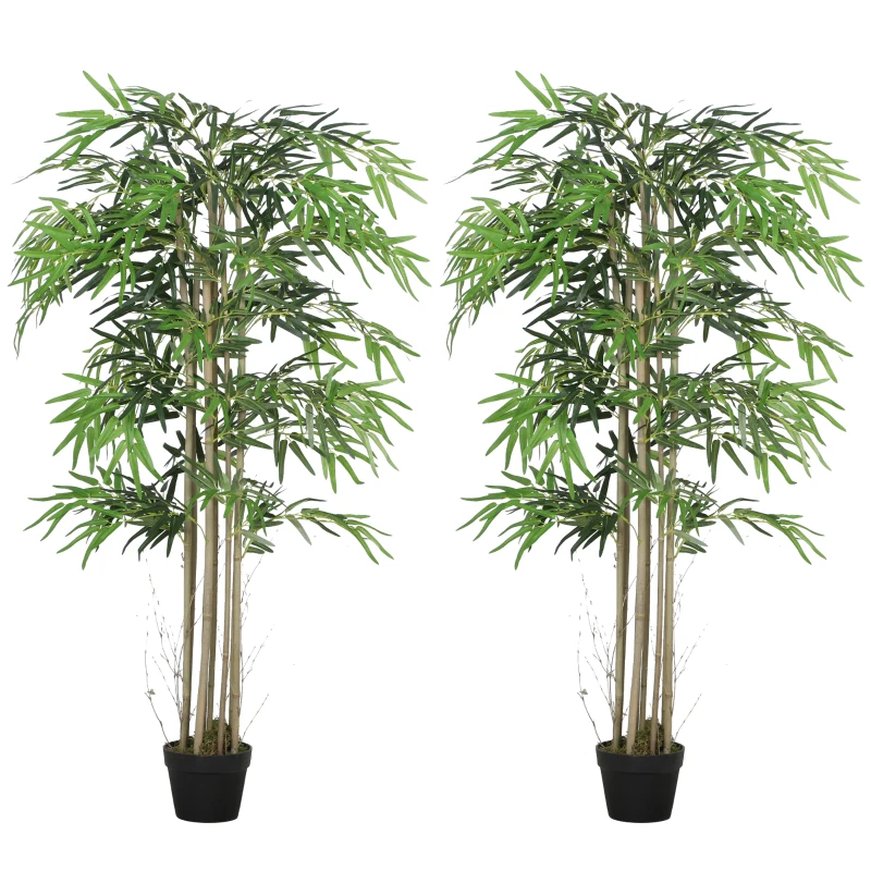 Outsunny 5FT Artificial Bamboo Tree Set of 2, Fake Plant with 1095 Leaves, Greenery Plant in Nursery Pot for Indoor, Green
