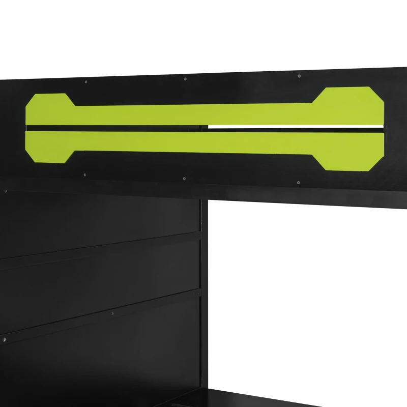 Full Size Wood Loft Bed with Under-Bed Console Storage, Esports-Style Bed Frame with Integrated Work Desk, 93.5'' L x 55.5'' W x 65'' H, Green