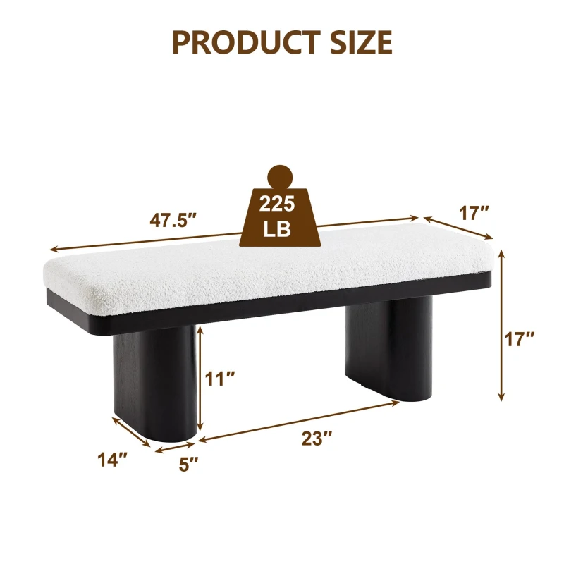 End-of-Bed Bench with Velvet Upholstery and High‑Density Foam Seat, Modern Ottoman with Rubberwood Legs, 47'' L x 17'' W x 17'' H, Black