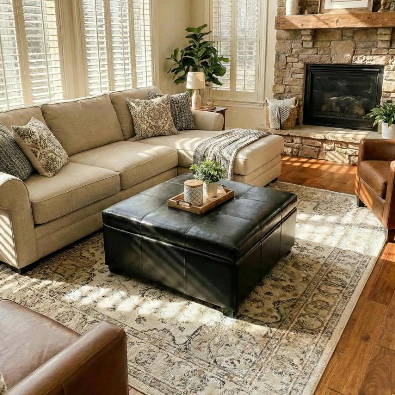 Large Ottoman with Upholstered PU Leather and High‑Density Foam, Modern Coffee Table with Storage, 34'' L x 34'' W x 18.5'' H, Chocolate