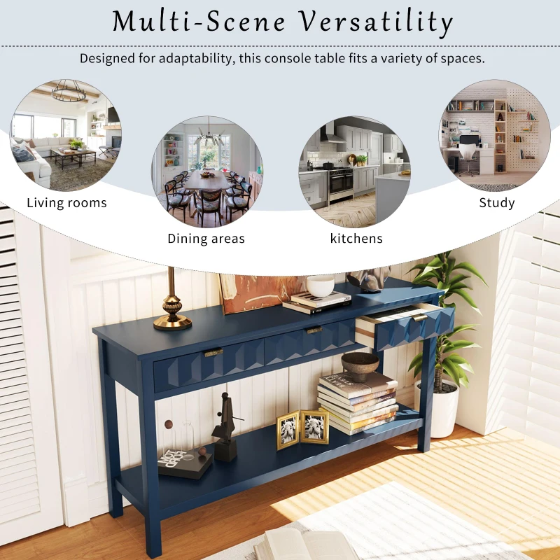 Modern Entryway Table with Bottom Shelf and Iron Handles, Multi-Functional Console with Wide Surface, 60'' L x 15.5'' W x 31'' H, Navy Blue