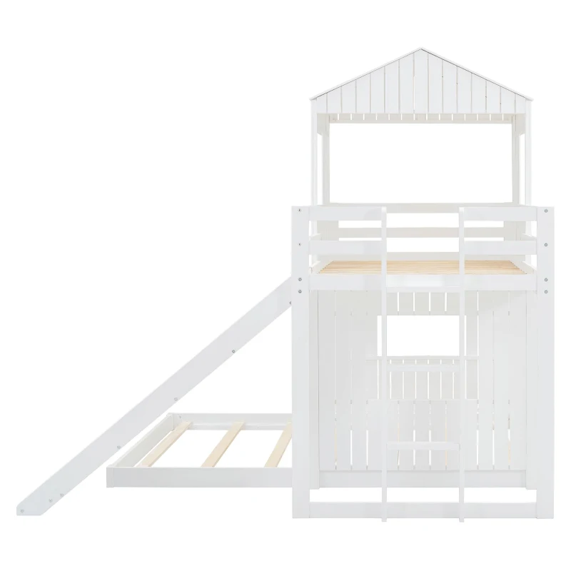 Twin-Over-Full Playhouse Bunk Bed Loft with Slide and 3-Step Ladder, Farmhouse Bed Frame with Guardrails, 82'' L x 89'' W x 82.5'' H, White