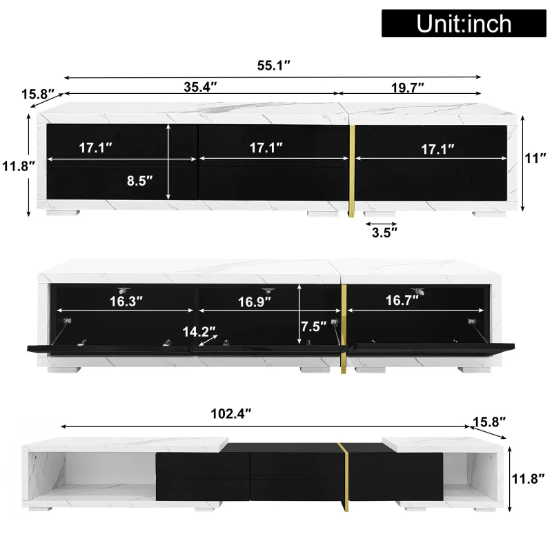 Modern TV Cabinet with Rotatable Design and Generous Storage, Adjustable TV Stand for living spaces, 102.5'' L x 16'' W x 12'' H, Black+White