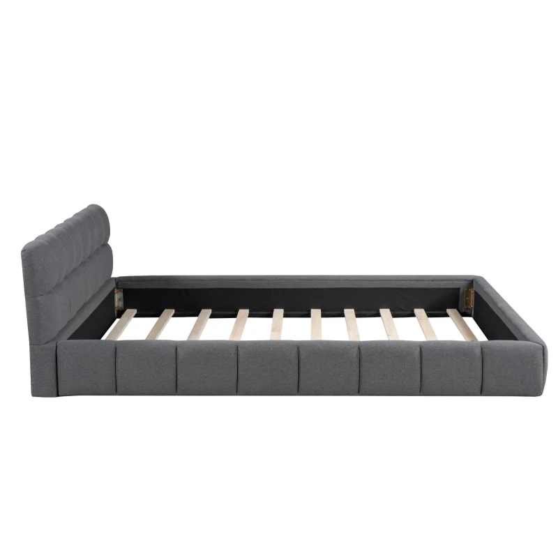 Queen Size Upholstered Bed with Grounded Solid Plywood & MDF Frame, Sturdy Bedboard with Wooden Slats, 87.5'' L x 66.5'' W x 23.5'' H, Gray