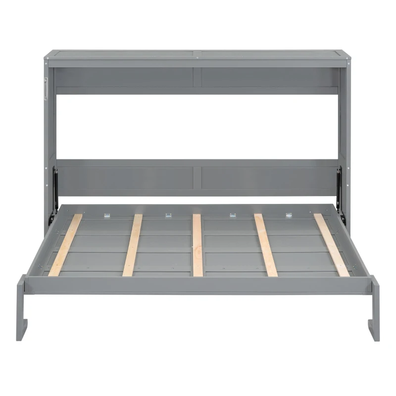 Full Size Murphy Wall Bed with Slatted Mattress Support, Space-Saving Cabinet Bed with Dual-Piston Lift, 77.5'' L x 61.5'' W x 62'' H, Gray