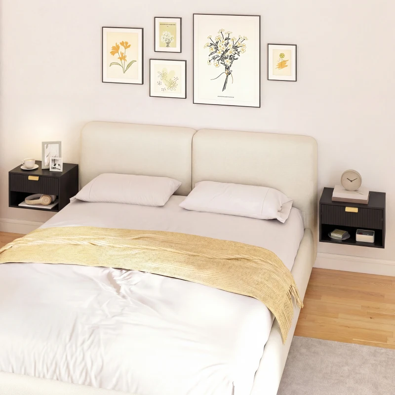 HOMCOM Set of 2 Wall Mounted Bedside Tables, Floating Nightstands with Fluted Drawer and Open Shelf for Bedroom, Black
