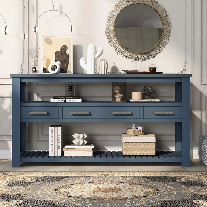 Large Entryway Console with 4 Drawers and 3-Tier Open Shelves, Versatile Table with Adjustable Feet, 62'' L x 14'' W x 32'' H, Navy Blue