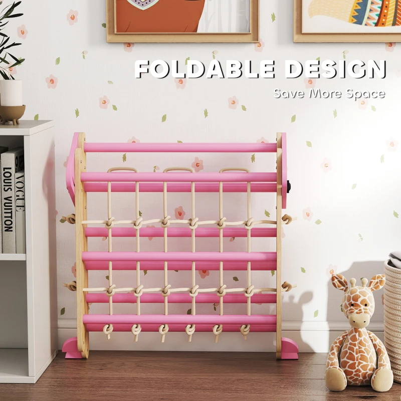 Qaba 8-in-1 Pikler Triangle Set, Foldable Wooden Climbing Toys with Arch, Ramp and Ladder for Ages 18-48 Mouths, Pink