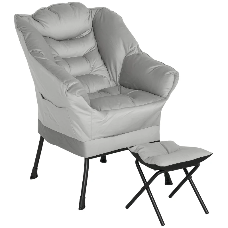 HOMCOM Lazy Chair and Ottoman Set, Fabric Upholstered Accent Chair with Side Pockets, for Living Room, Bedroom, Light Gray