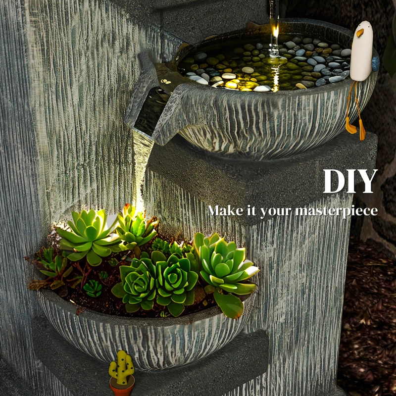 Outsunny 33.5" Water Fountain, 4-Tier Resin Cascading Bowls Outdoor Waterfall Fountain with LED Lights, Pump