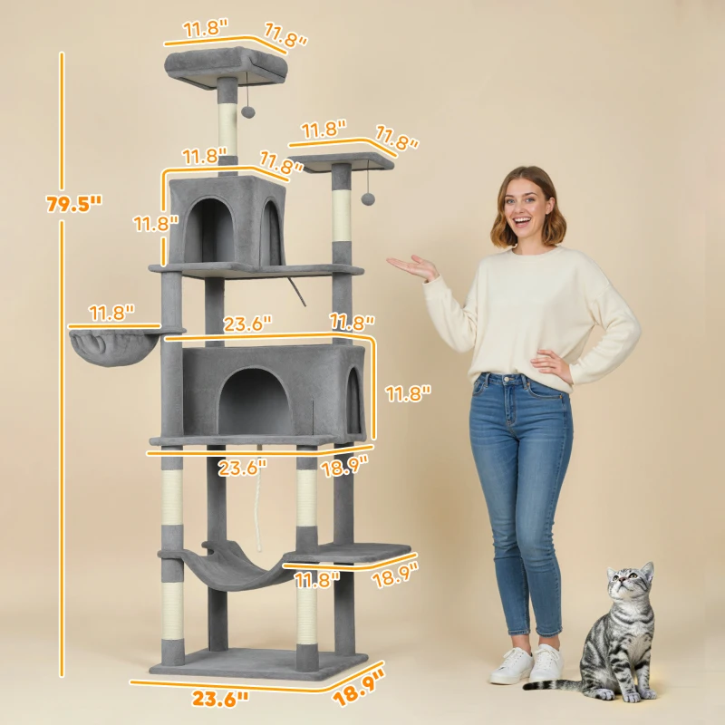 PawHut Multi-Level Cat Tower, 80" Tall Cat Tree, with 2 Condos, 2 Hammocks, 6 Sisal Scratching Posts, Dark Gray