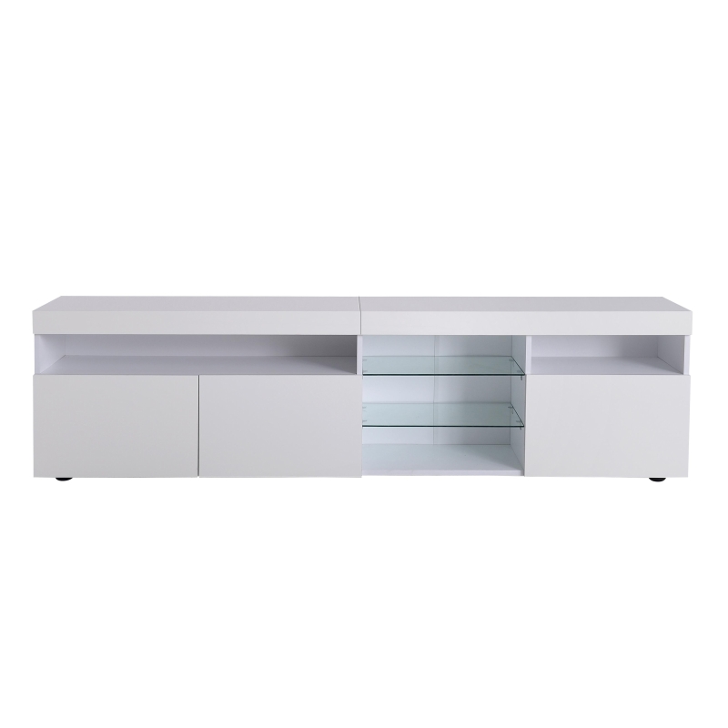 Modern TV Cabinet with 3-Door Storage and Internal Shelves, Elegant Media Console with USB LED Lighting, 71'' L x 13.5'' W x 19'' H, White