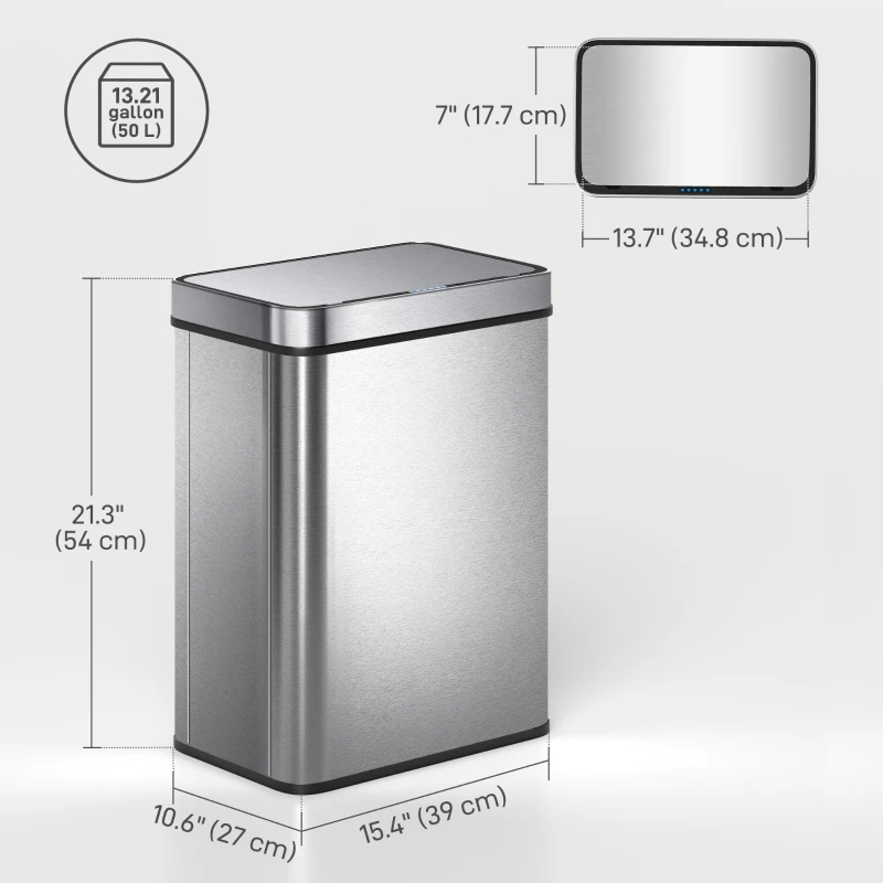 HOMCOM 13.2 Gallon Sensor Can, Automatic Garbage Can with Soft-Close Lid, Fingerprint-Proof Stainless Steel, Silver