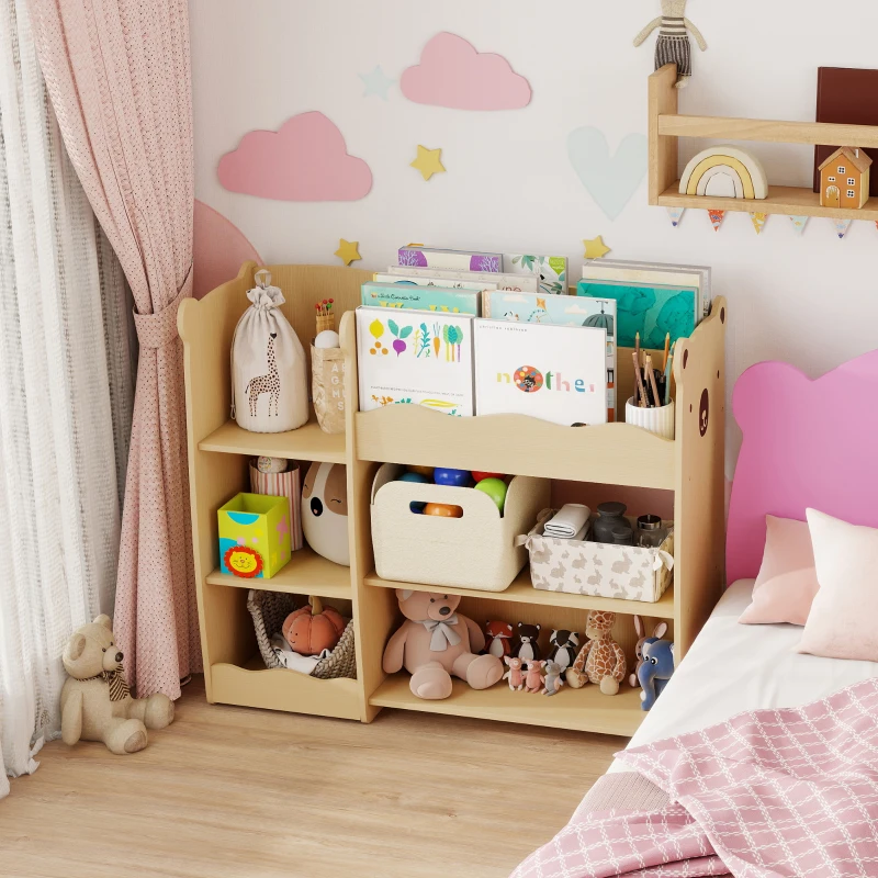 Qaba Kids Bookshelf and Toy Storage Organizer, 3 Tier Montessori Toy Organizer with Open Display for Nursery, Natural