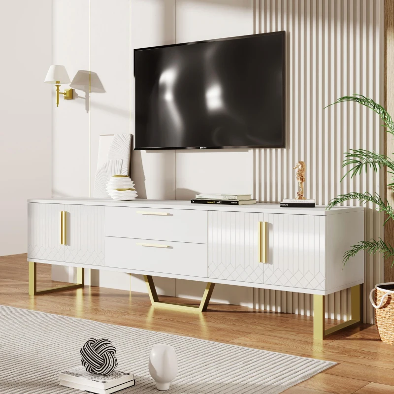Modern TV Cabinet with Centre Drawers and Internal Shelves, Floor-Standing Console with Cable Management, 67'' L x 15.5'' W x 20.5'' H, White