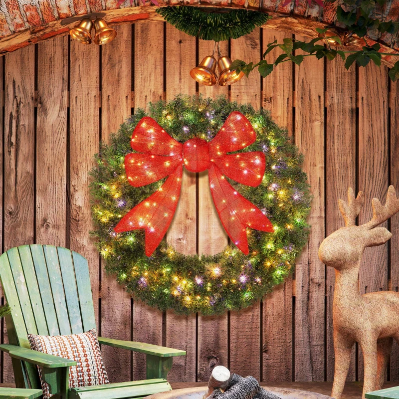 HOMCOM 48in Pre-Lit Christmas Wreath with 3D Red Bow, 11 Lighting Modes, Front Door Christmas Wreath with Remote