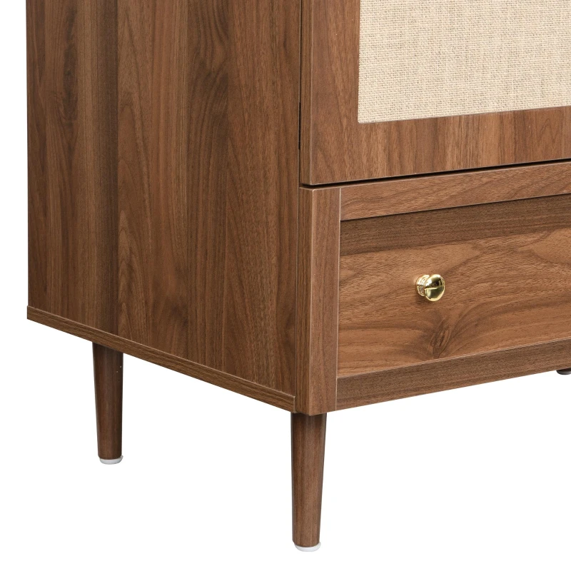 Elegant Wardrobe with Fabric Doors and Drawer, Solid Wooden Legs, Modern Clothes Cabinet with Wide Rail, 31'' L x 19.5'' W x 69'' H, Walnut