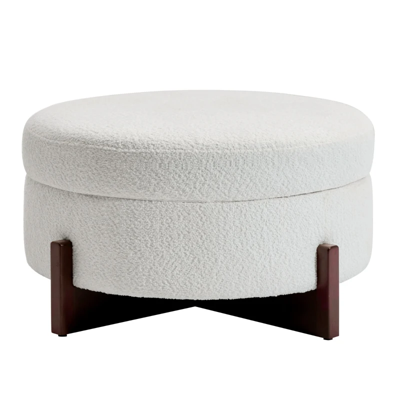 Round Storage Ottoman with Storage and Wood Legs, Versatile Coffee Table with Tufted Upholstered Top, 32'' L x 32'' W x 18'' H, Soft White
