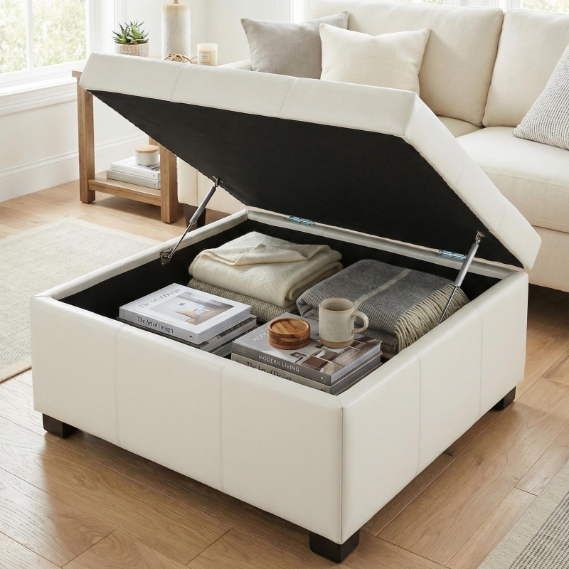 Large Square Ottoman with Upholstered PU Leather and High‑Density Foam, Modern Coffee Table with Storage, 34'' L x 34'' W x 18.5'' H, Beige