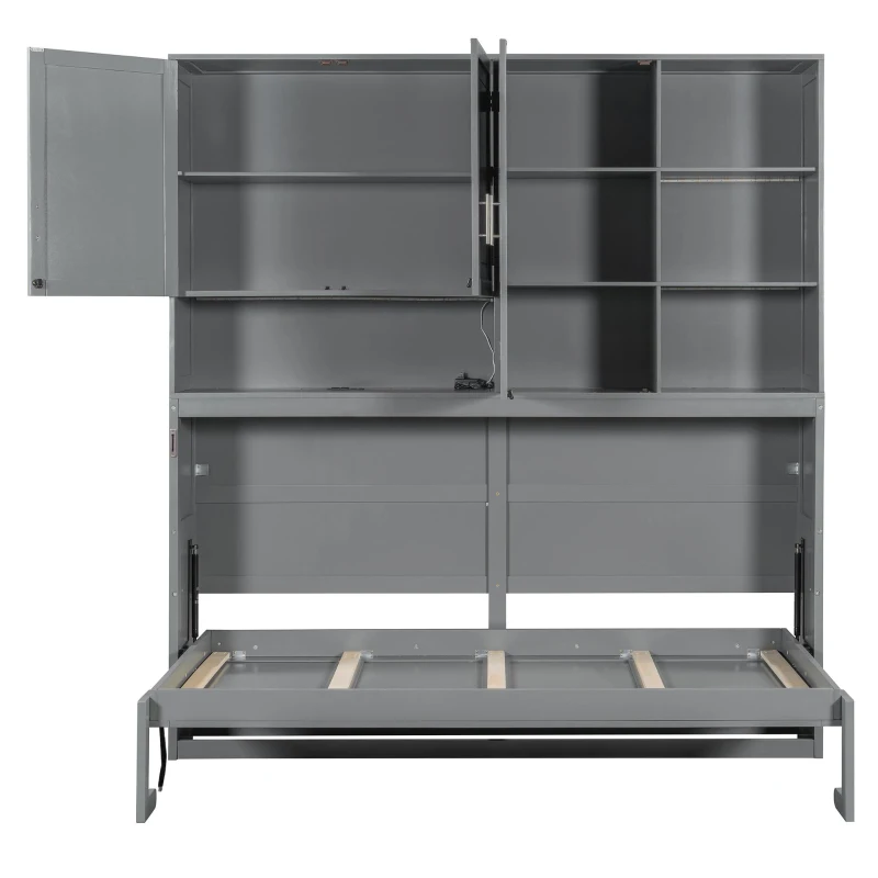 Twin-Size Wall Murphy Bed with Integrated Storage, Flexible Slat, Foldaway Bed with Dual-Piston Mechanism, 83'' L x 15.5'' W x 90.5'' H, Gray