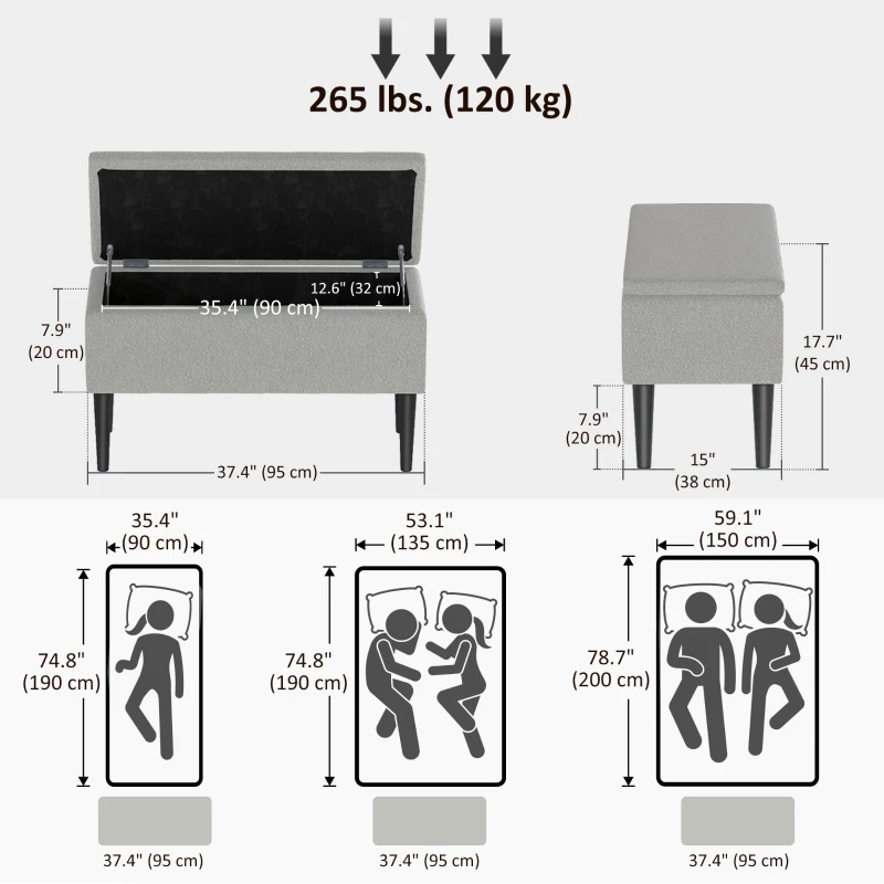 HOMCOM Modern Storage Bench, Ottoman with Storage and Lamb's Wool Upholstery for Living Room, Bedroom, Grey