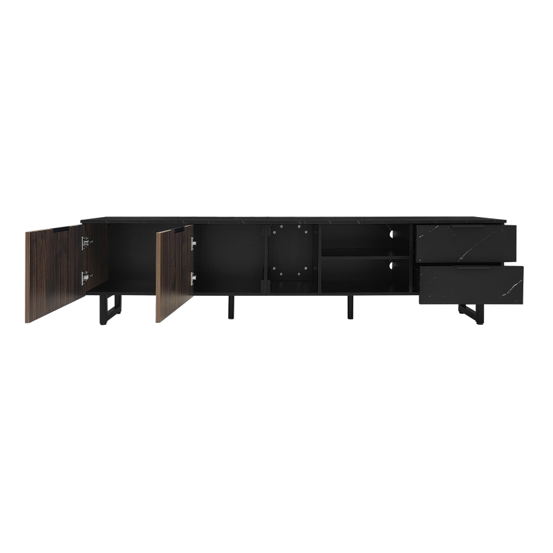 Modern TV Cabinet with 2 Doors, Drawers and Open Shelves, Stylish Storage Cabinet with LED Lighting, 78.5'' L x 20'' W x 15'' H, Black+Wood