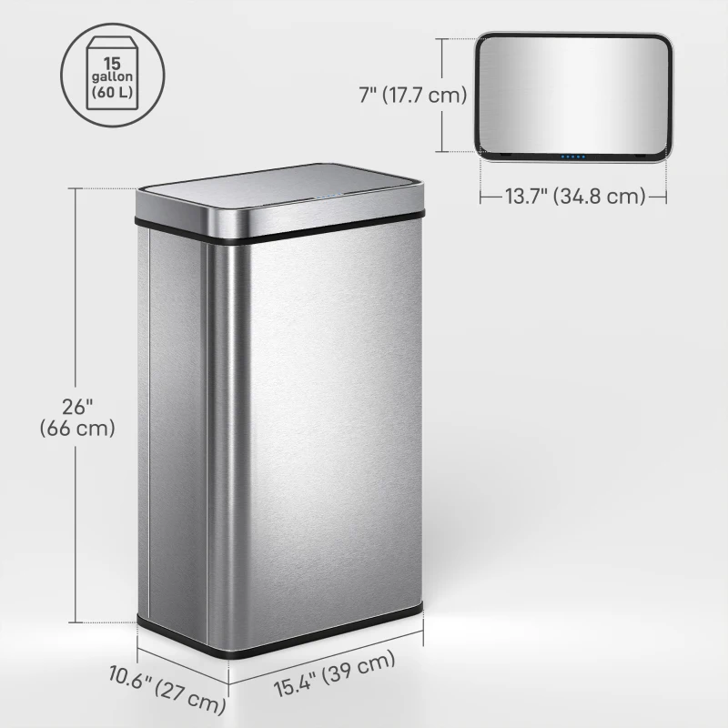 HOMCOM 15.9 Gallon Sensor Can, Automatic Garbage Can with Soft-Close Lid, Fingerprint-Proof Stainless Steel, Silver